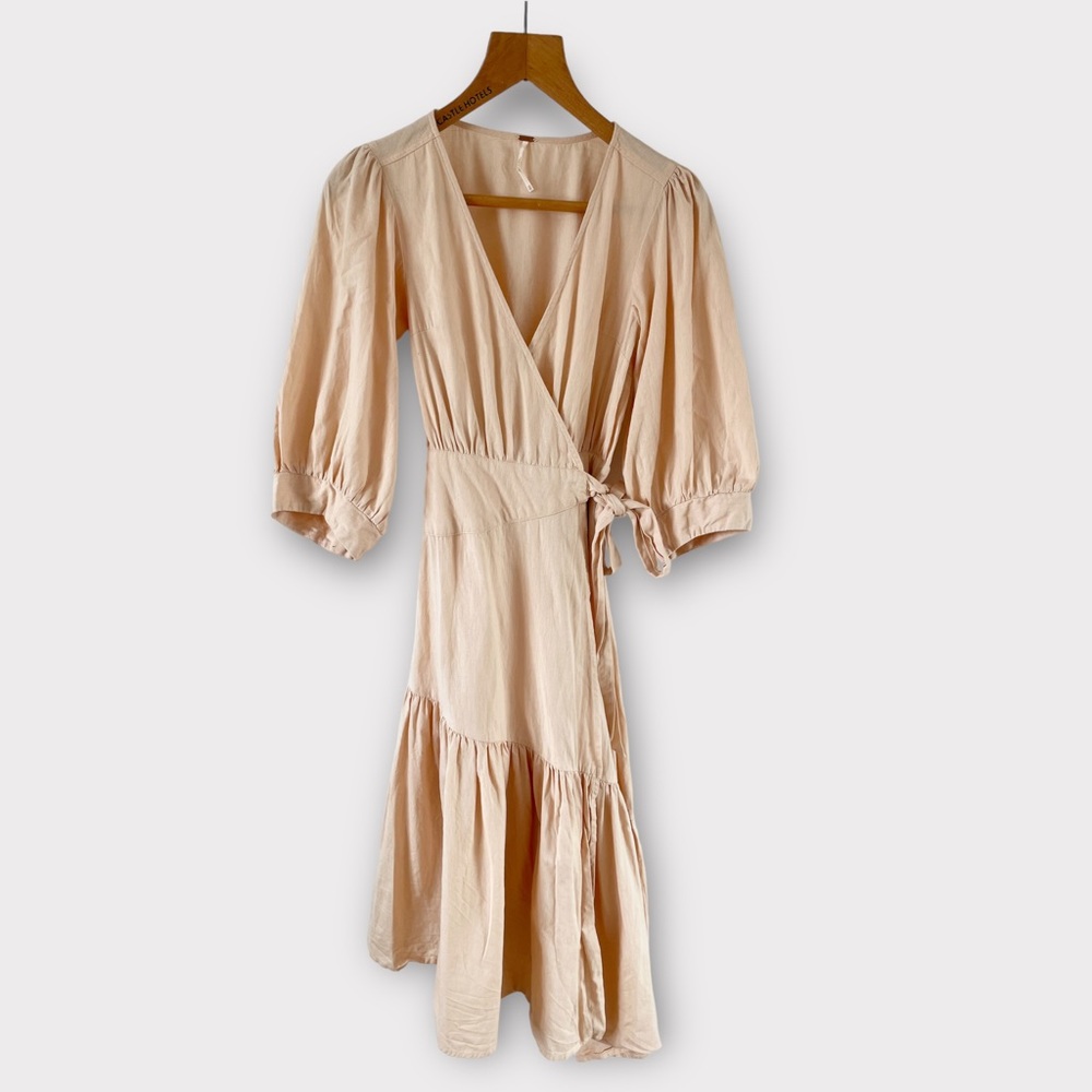 Free People Don’t Mind If I Do Midi Dress Size XS Peach Wrap Cotton Linen Mix - Picture 1 of 11